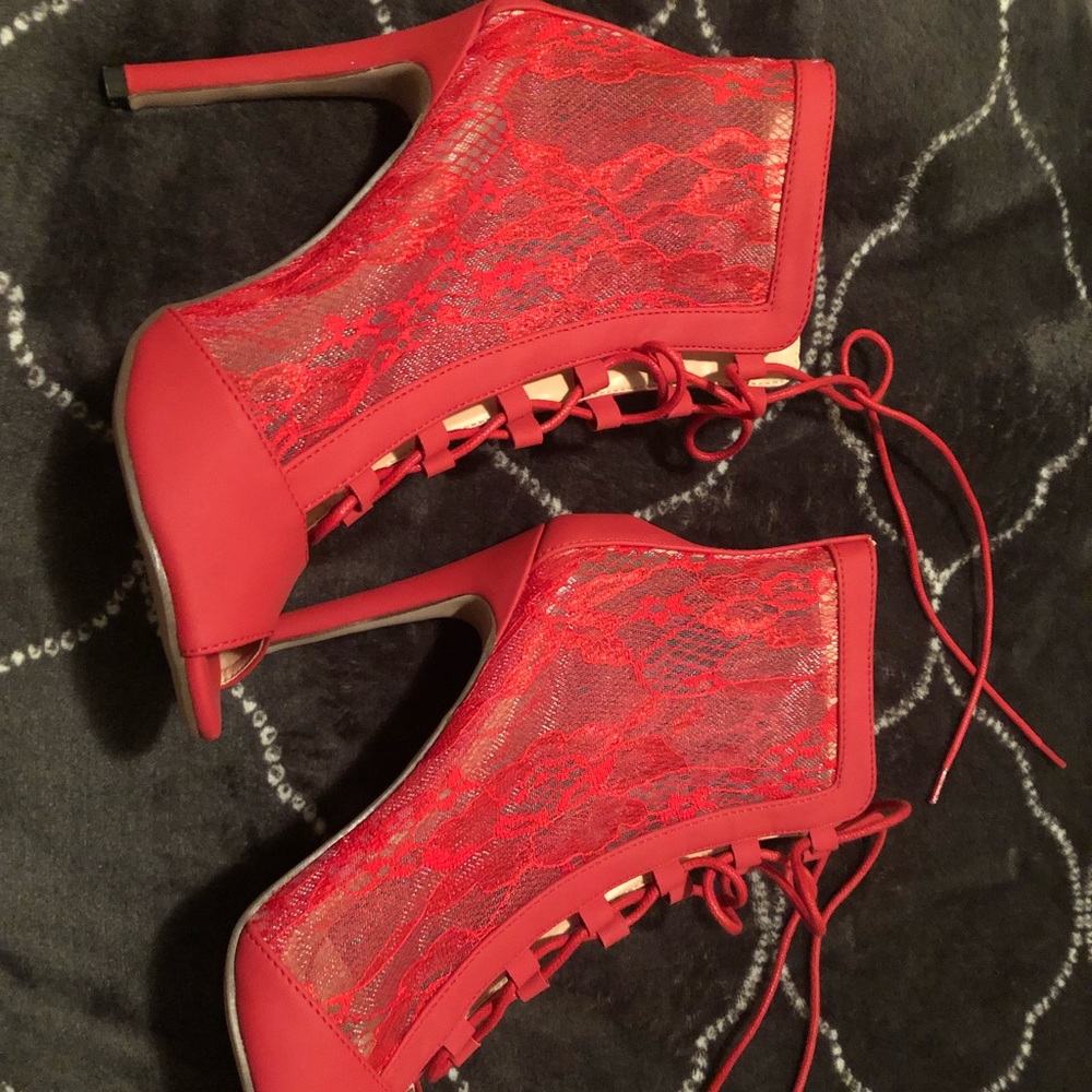 Red lace peep toe bootie heels size 9